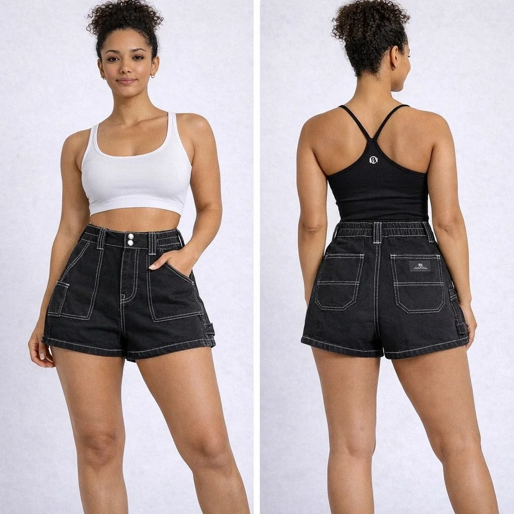 BDG Urban Outfitters Skate Carpenter Shorts Womens S Black Denim Contrast Stitch